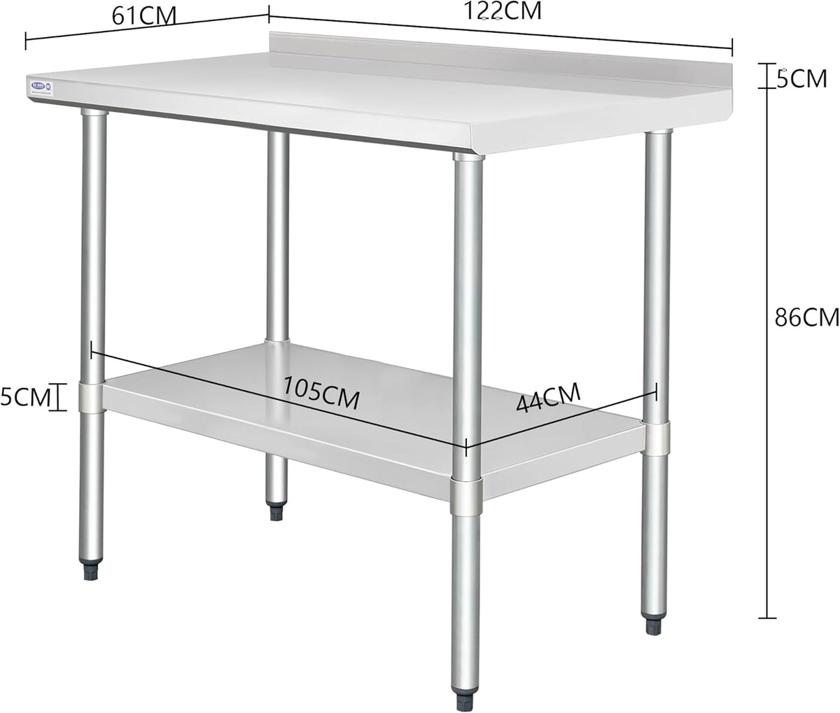 HARDURA Roestvrijstalen Werktafel met Spatrand Professionele Keukenwerkbank 61×122 cm