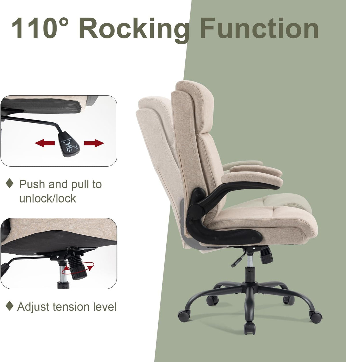 CASTLOVE Stoffen Bureaustoel Ergonomische Computer Bureaustoel Draaibare Brede Executive Office Chair met Opklapbare Armsteun voor Kantoor Thuis (CRÈME)