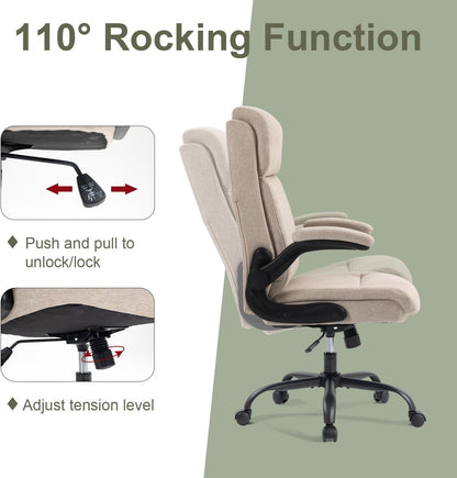 CASTLOVE Stoffen Bureaustoel Ergonomische Computer Bureaustoel Draaibare Brede Executive Office Chair met Opklapbare Armsteun voor Kantoor Thuis (CRÈME)
