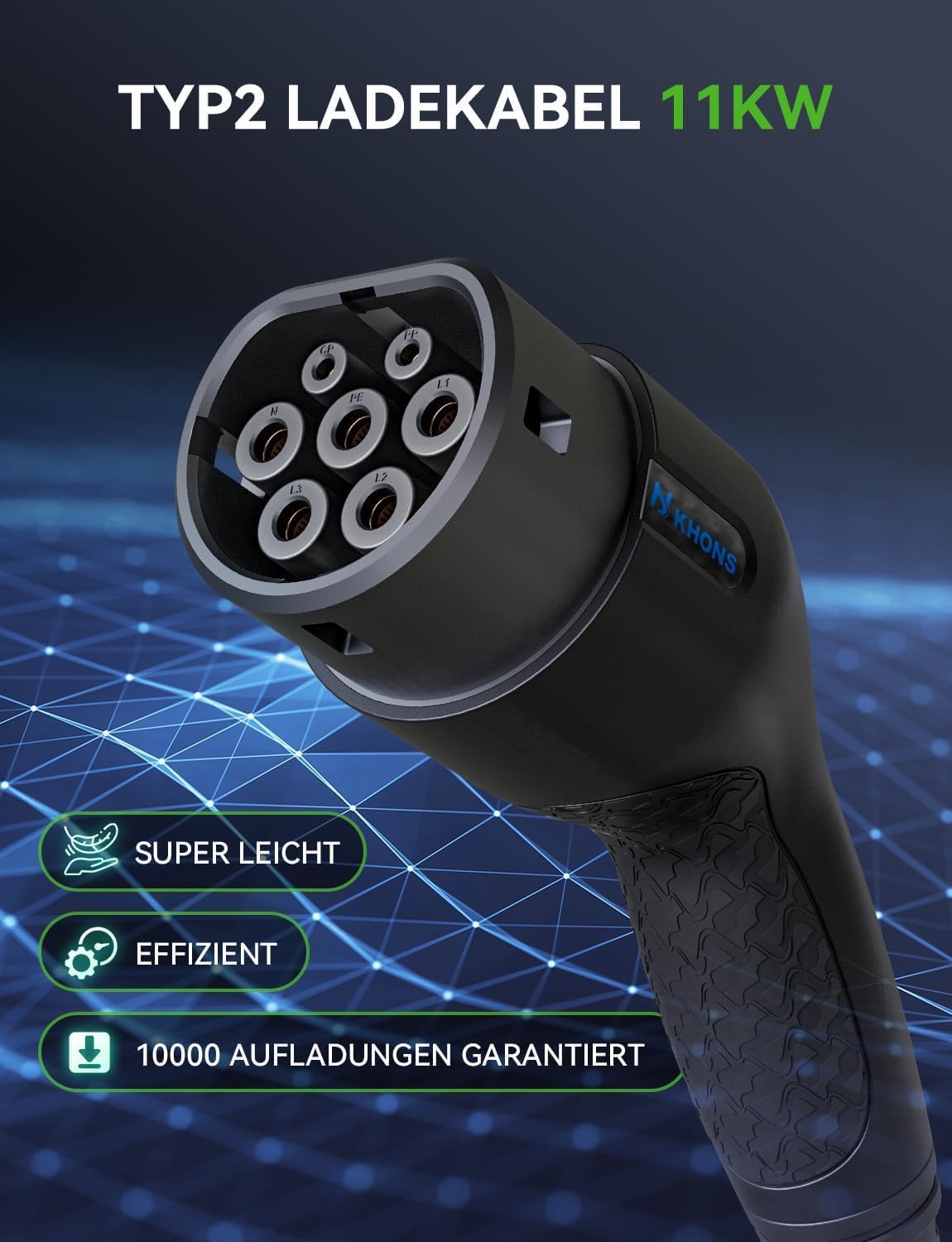 Oplaadkabel voor elektrische auto, type 2, 16 A/11 kW/3-fasig/5 meter, elektrische auto oplaadkabel type 2 naar type 2, EV oplaadkabel voor E auto EV/PHEV modus 3 type 2 oplaadkabel compatibel met