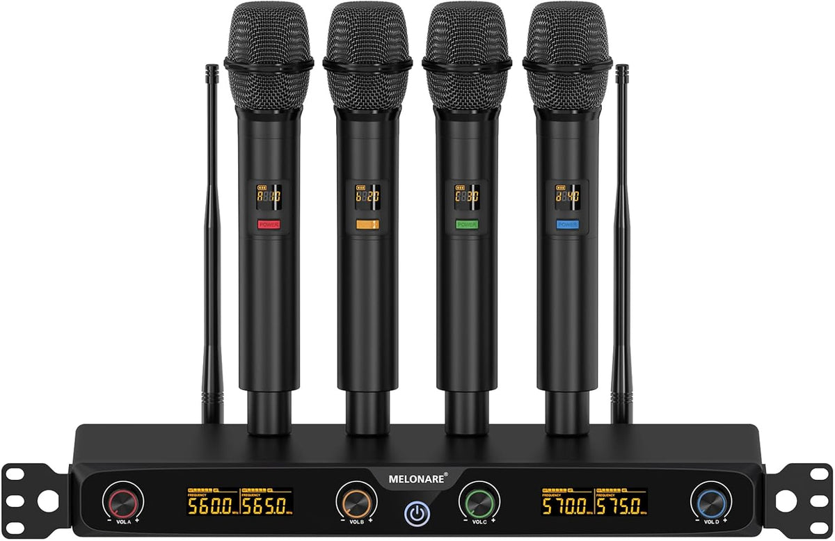 4-Kanaals Draadloos Microfoonsysteem, UHF Rackmount met 4x 10 Frequenties, 260ft Bereik, Dynamisch Handmicrofoon voor Zingen, Karaoke, Kerk, DJ, Feest (MWM-41F)