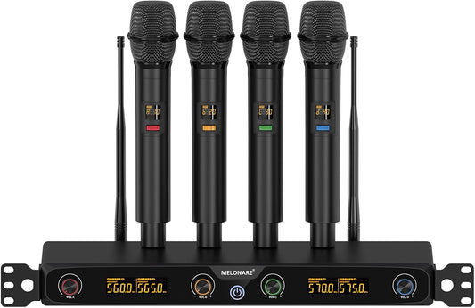 4-Kanaals Draadloos Microfoonsysteem, UHF Rackmount met 4x 10 Frequenties, 260ft Bereik, Dynamisch Handmicrofoon voor Zingen, Karaoke, Kerk, DJ, Feest (MWM-41F)