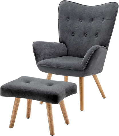 HollyHOME Comfortable Armchair with Footstool Living Room Chair Velvet Accent Chairs Cozy Relaxing Armchairs Reading Chair Bedroom, Dark Grey