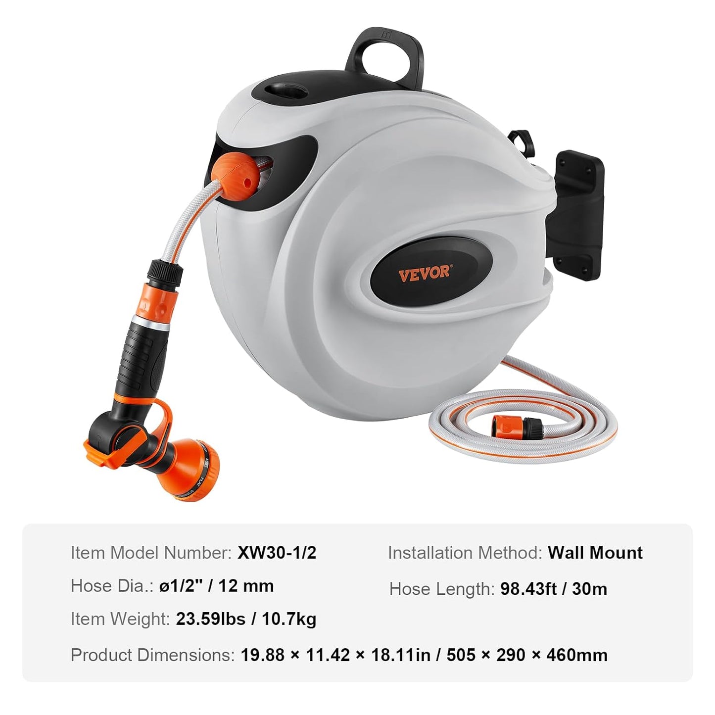 VEVOR Intrekbare tuinslanghaspel, 1/2" x 100 ft wandgemonteerde slanghaspel, zware tuin met 9 patronen mondstuk, elk lengteslot, automatisch terugspoelen langzaam retoursysteem en 180 ° draaibare