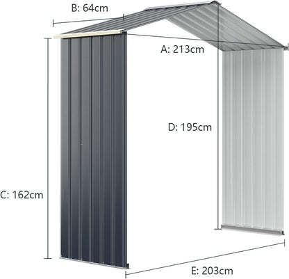 FANTASK Uitbreidingsbox, gereedschapsschuur van metaal, 213 x 64 x 195 cm, afsluitbaar, tuinhuis met 4 ventilatiesleuven en schuifdeur, metalen schuur, outdoor