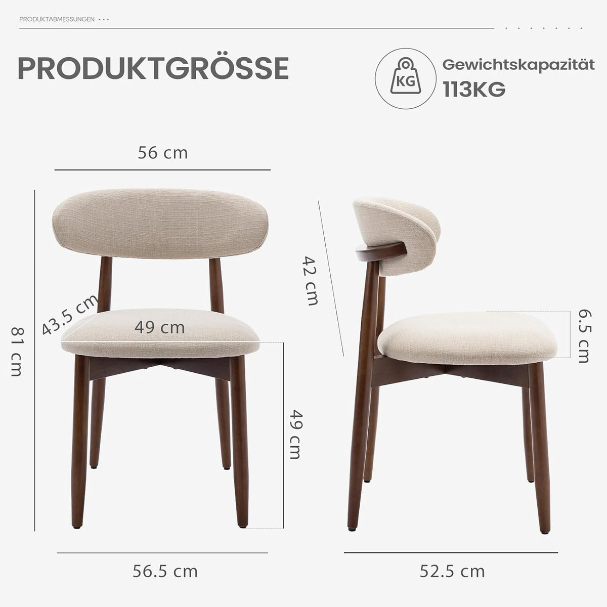 COLAMY Keukenstoel, eetkamerstoelen, set van 2, moderne gestoffeerde stoel, eetstoelen met vaste rugleuning, stoffen eetkamerstoel met houten poten, voor eetkamer, keuken, restaurant, beige