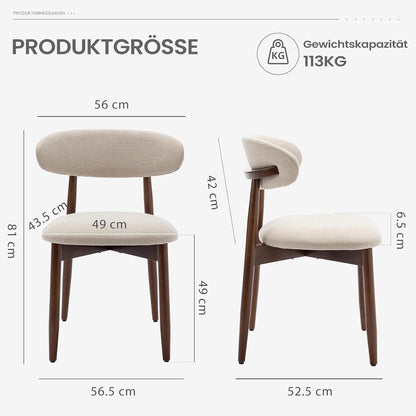 COLAMY Keukenstoel, eetkamerstoelen, set van 2, moderne gestoffeerde stoel, eetstoelen met vaste rugleuning, stoffen eetkamerstoel met houten poten, voor eetkamer, keuken, restaurant, beige
