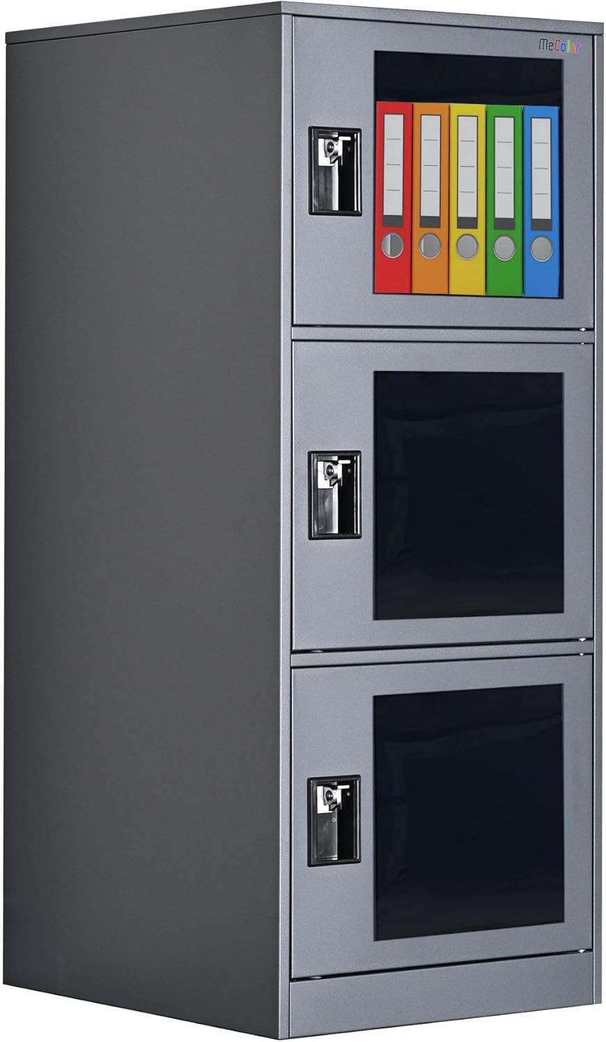MECOLOR Verticale doorzichtige kluis met hangslot, gymkluis, werknemerskluisjes, metalen kluisjes voor kantoor, 2 of 3 niveaus opbergkast (G3V, grijs)