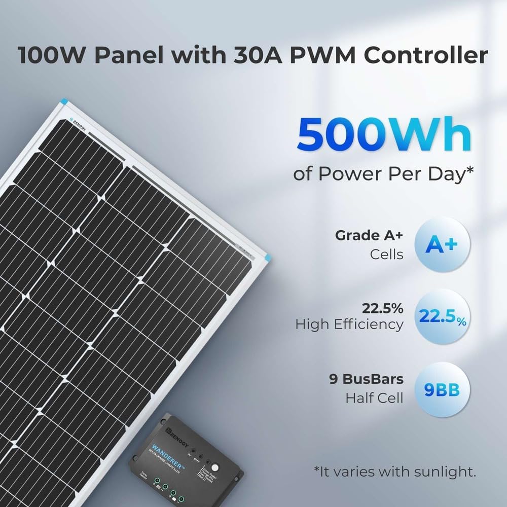 Renogy Basic-starter op zonne-energie, bouwpakket met 100 W, 12 V, monokristallijn zonnepaneel, zonnekabels en 12 V PWM zonne-laadregelaar, negatieve aarding