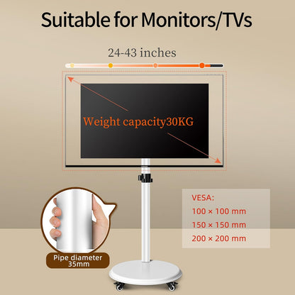 Witte mobiele tv-standaard op wielen voor 24-43 inch plasma/LCD/led-tv-vloerstandaard, 360 graden draaibaar, televisiestandaard in hoogte verstelbaar, max. 30 kg, geschikt voor woonkamer,