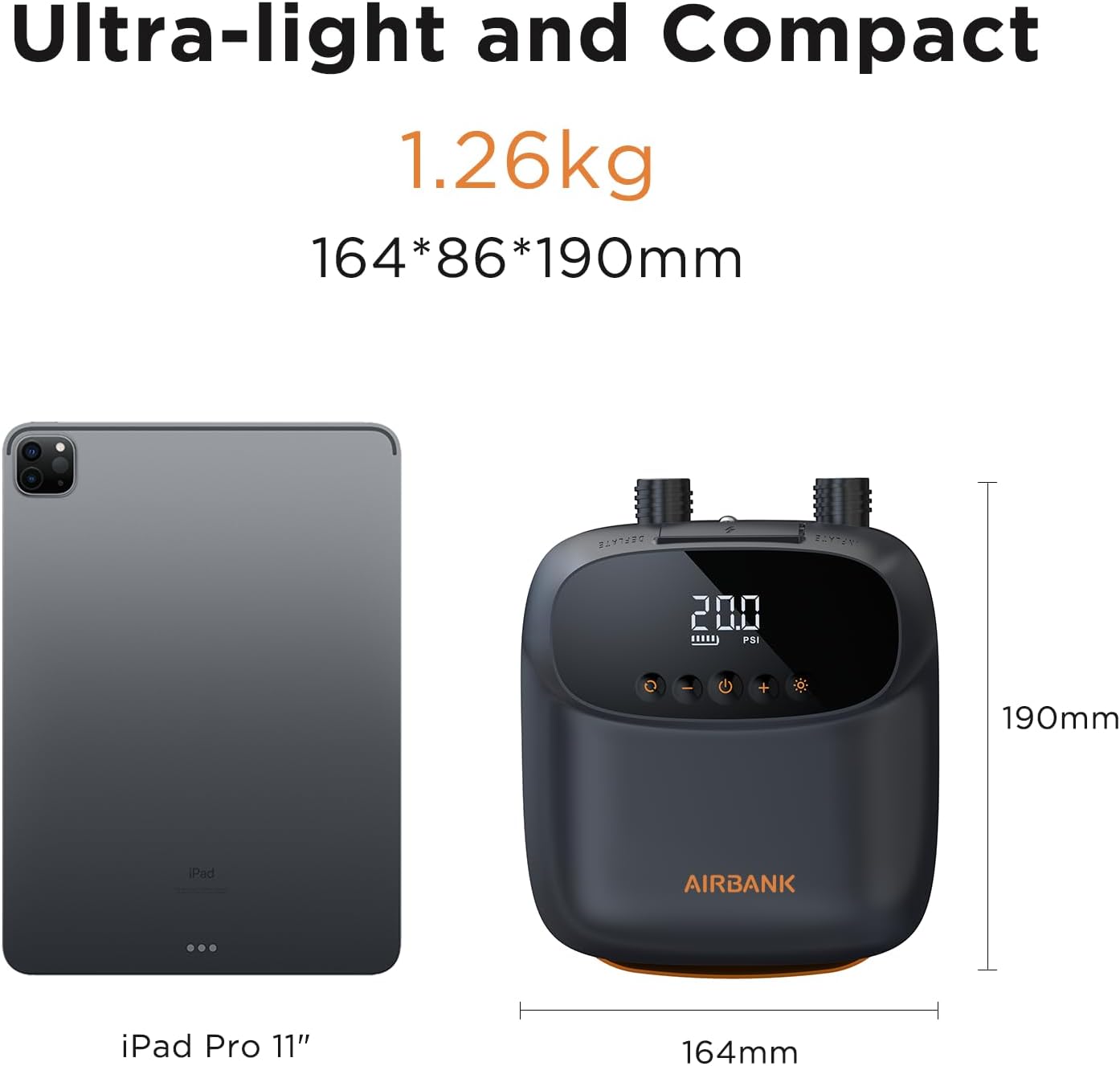 AIRBANK Paddle Board-pomp Elektrisch 20PSI The Puffer Pro, draagbare SUP-pomp, tweetraps inflatie en automatische uitschakeling luchtpomp voor kajak, opblaasboten, boten, tent, matras, vliegervleugels