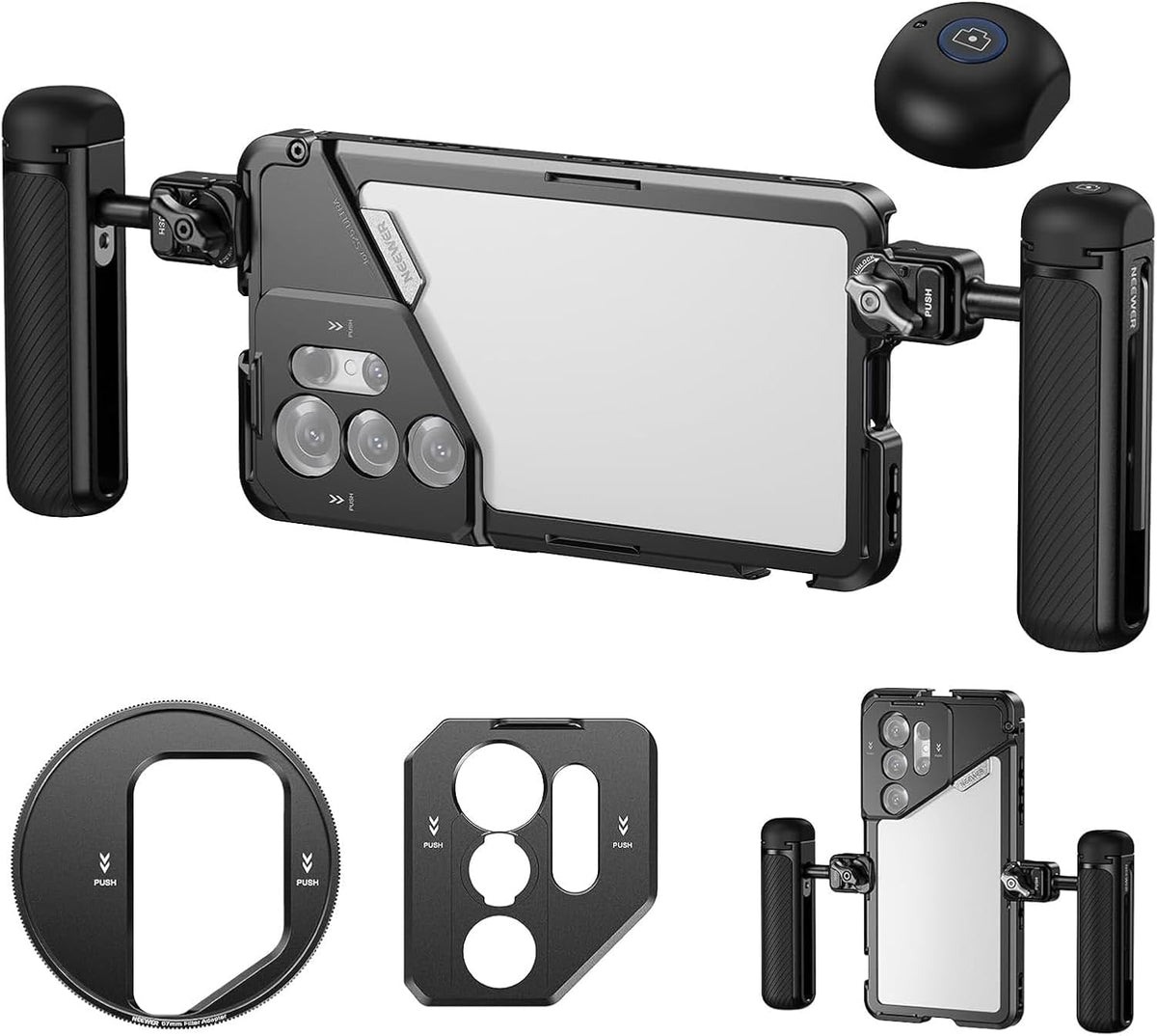 NEEWER PA082 S25 Ultra Telefoonhouder voor het opnemen van filmen met 2x handvat, 67mm filteradapter, 17mm Lens Backplate, T-Mount Adapter, Video Rig Stabilizer Compatibel met Samsung Galaxy S25 Ultra