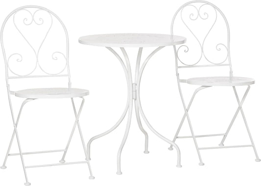 Outsunny Bistro Tuinset, 3-delig, 2 klapstoelen en ronde tafel van epoxymetaal, wit