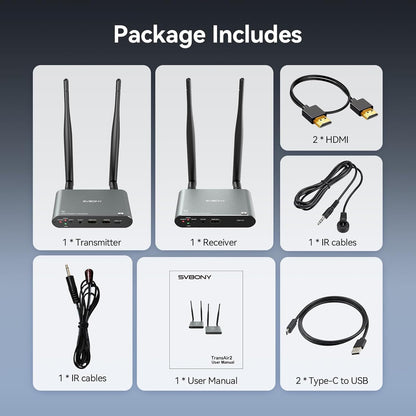 Svbony TransAir2 HDMI 4K Draadloos Transmissiesysteem voor Lange Afstanden, Ondersteunt max 1TX tot 4RX's, 4K Zender en Ontvanger, 0,06S Latentie, Infrarood afstandsbediening, Transmissiebereik 300m