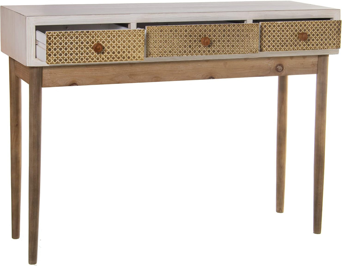 DRW Ingangtafel met 3 schuifladen van hout en wit en natuur, 107 x 35 x 81 cm