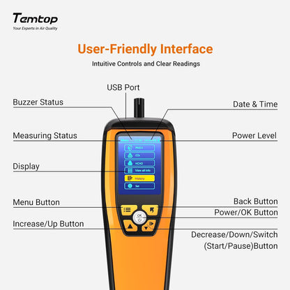 Temtop Luchtkwaliteitsmonitor voor PM2.5 PM10 Deeltjes CO2 HCHO Temperatuur Vochtigheid Instelbaar Audio Alarm Opnamecurve Eenvoudige kalibratie Kleurrijk display (M2000 2nd)