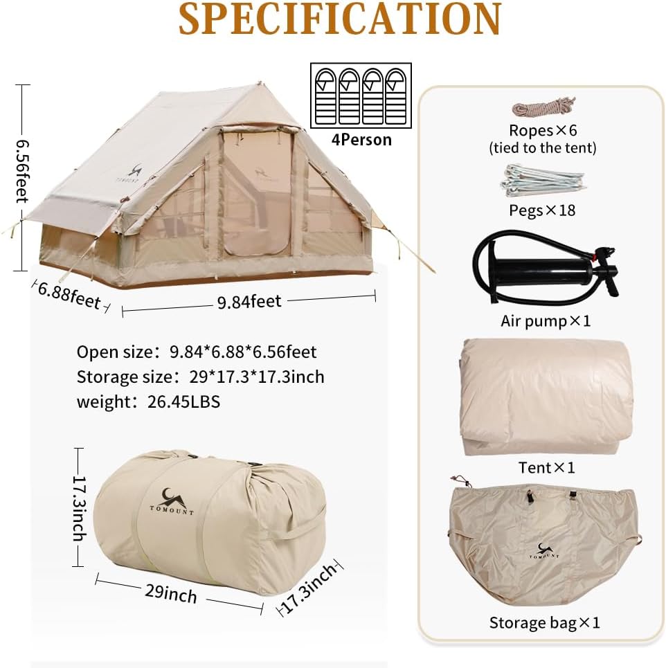 TOMOUNT Opblaasbare tent, 300D waterdicht polyester, familietent voor 4 personen, eenvoudig op te zetten, glampingtent met opbergtas en luchtpomp, campingtent voor outdoor, camping, wandelen, festival