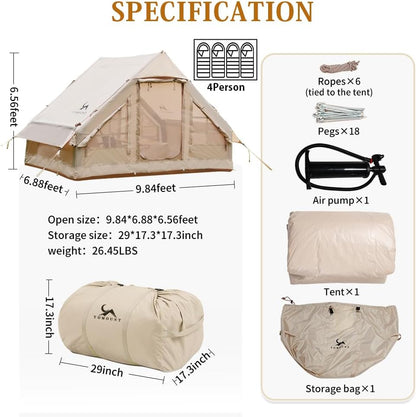 TOMOUNT Opblaasbare tent, 300D waterdicht polyester, familietent voor 4 personen, eenvoudig op te zetten, glampingtent met opbergtas en luchtpomp, campingtent voor outdoor, camping, wandelen, festival