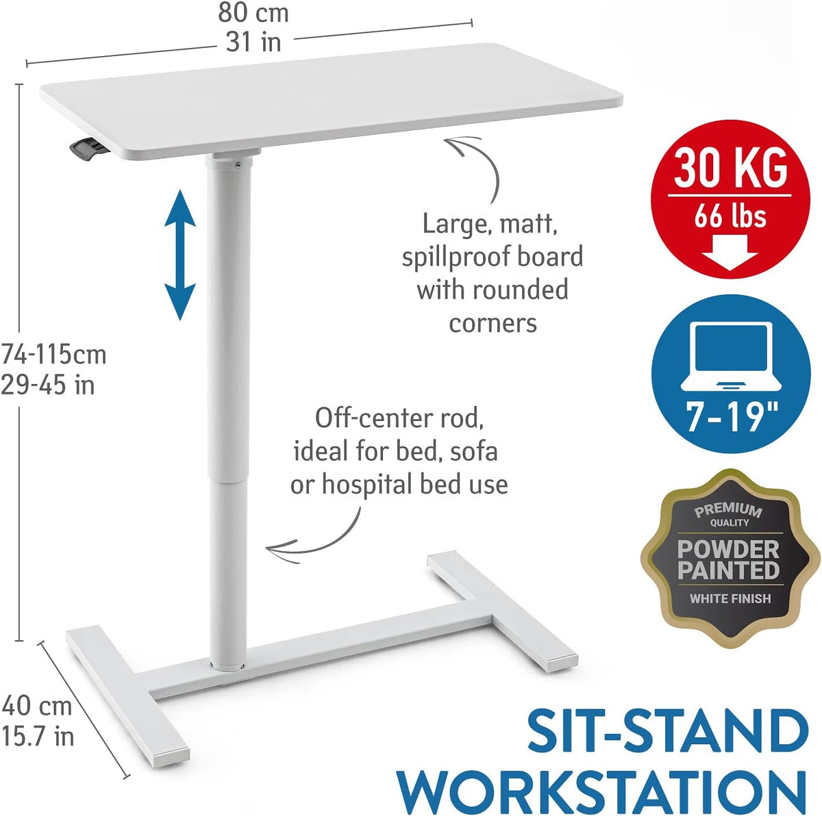 Tatkraft Relax Airlift Pneumatisch zit-sta laptopbureau met wielen, in hoogte verstelbaar 29-45 inch Moeiteloze gasliftregeling, thuiskantoor mobiele rollende laptopstandaard, groot tafelblad, wit