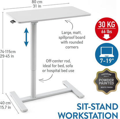 Tatkraft Relax Airlift Pneumatisch zit-sta laptopbureau met wielen, in hoogte verstelbaar 29-45 inch Moeiteloze gasliftregeling, thuiskantoor mobiele rollende laptopstandaard, groot tafelblad, wit