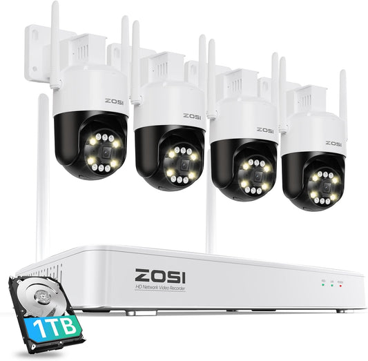 ZOSI 4K WiFi 6 buiten bewakingscamera set, 8MP NVR met 1TB HDD, 4X 360° WLAN camera met persoons- en voertuigdetectie, kleuren nachtzicht, C296B