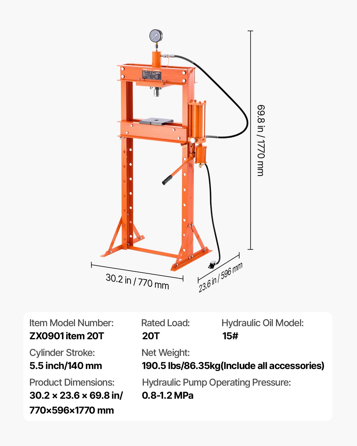 VEVOR Manual workshop press, workshop press with H-frame 20 T with pressure plate 0.8-1.2 MPa, adjustable hydraulic press for garage floors to bend