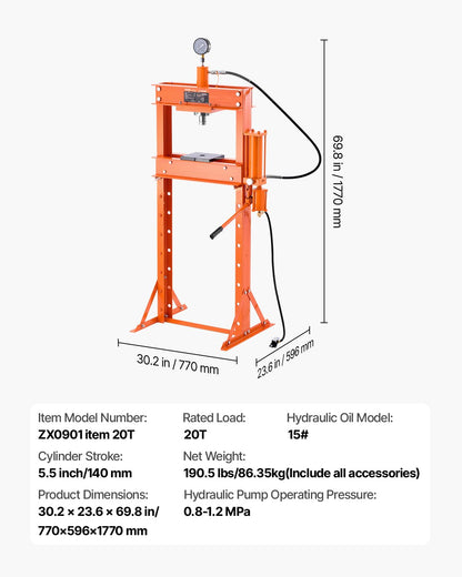 VEVOR Manual workshop press, workshop press with H-frame 20 T with pressure plate 0.8-1.2 MPa, adjustable hydraulic press for garage floors to bend