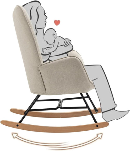 Schommelstoel – Relaxstoel – Fauteuil – Voedingsstoel – Schommelstoel Babykamer – Scandinavisch Design – Met Armleuningen – Met Metalen Frame en Houten Onderstel – Grijs – 66x84x97 cm