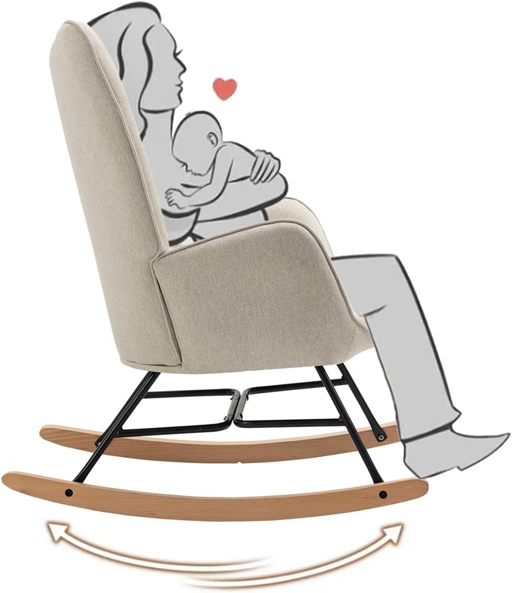 MEUBLE COSY Schommelstoelen, Scandinavische Borstvoeding relaxstoel met armleuningen en gestoffeerde zitting voor woonkamer, slaapkamer, metalen frame en houten sokkel, grijs, 66x84x97cm