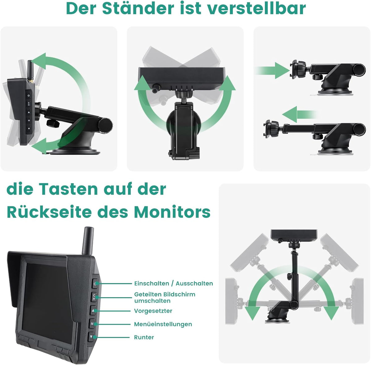 Magnetische draadloze achteruitrijcamera op zonne-energie, 5 inch monitor, AHD 1080P, achteruitrijcamera, oplaadbare batterij, geen bedrading, geen boren, draadloze back-upcamera voor