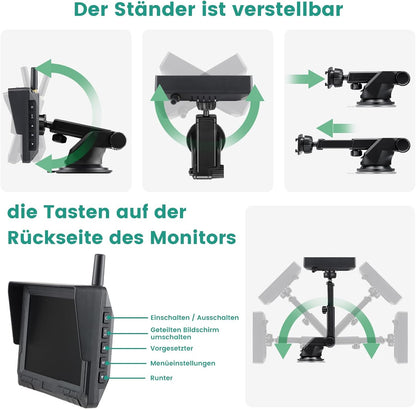 Magnetische draadloze achteruitrijcamera op zonne-energie, 5 inch monitor, AHD 1080P, achteruitrijcamera, oplaadbare batterij, geen bedrading, geen boren, draadloze back-upcamera voor