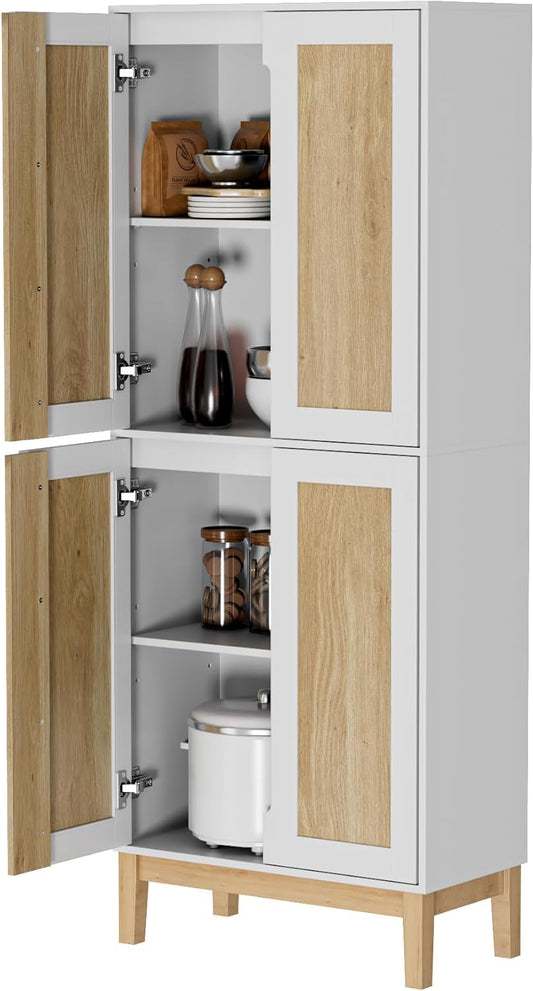 Buffetkast – Opbergkast – Keukenkast – Dressoir – Hoge Kast – 150 cm – MDF Met Verstelbare Planken – Witte Kast Met Natuurlijke Houttint