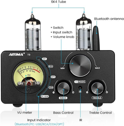 AIYIMA TUBE T9 Bluetooth 5.0 6K4 Vacuümbuisversterker USB DAC 100W Stereo-ontvanger Amp Coax/Opt HIFI Home Audio Digitale versterkers met VU-meter