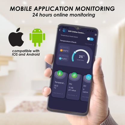 Slimme Wifi-waterkwaliteitstester pH-, EC- en Temperatuurmonitor Continue Online Monitoringstester met Lcd-scherm, App-meldingen, Realtime Gegevens, Vervangbare Sondes voor Hydrocultuur en Aquaria