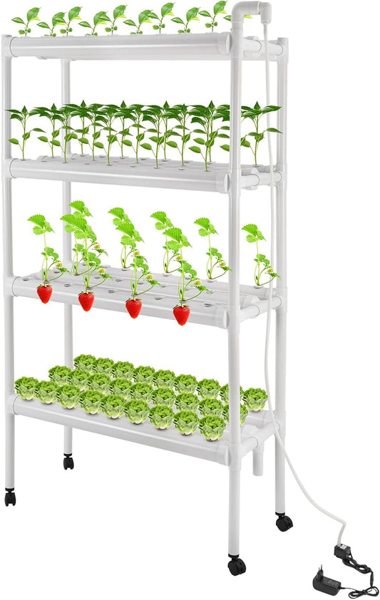 OUKANING 4 Tier Hydroponic System, 108 Holes, Home Hydroponic Grow Kit with 12 V Water Pump (55 Gal/h) Timer, 4 Wheels and Plant Baskets for Salad, Herbs, Vegetables - QUORE