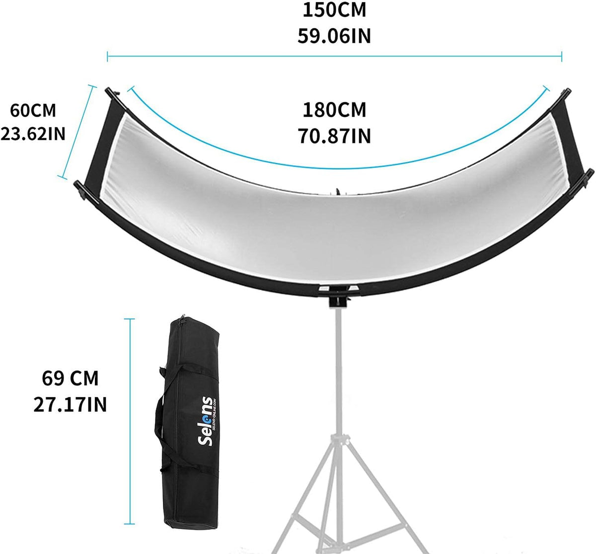 Selens 4-in-1 reflector, 60 x 180 cm, U-vorm, gebogen reflectoren, instelbare lichtdiffuser, met zwart/wit/goud/zilveren reflectors, draagtas voor fotografie, fotostudio, portret, catch light