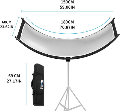 Selens 4-in-1 reflector, 60 x 180 cm, U-vorm, gebogen reflectoren, instelbare lichtdiffuser, met zwart/wit/goud/zilveren reflectors, draagtas voor fotografie, fotostudio, portret, catch light