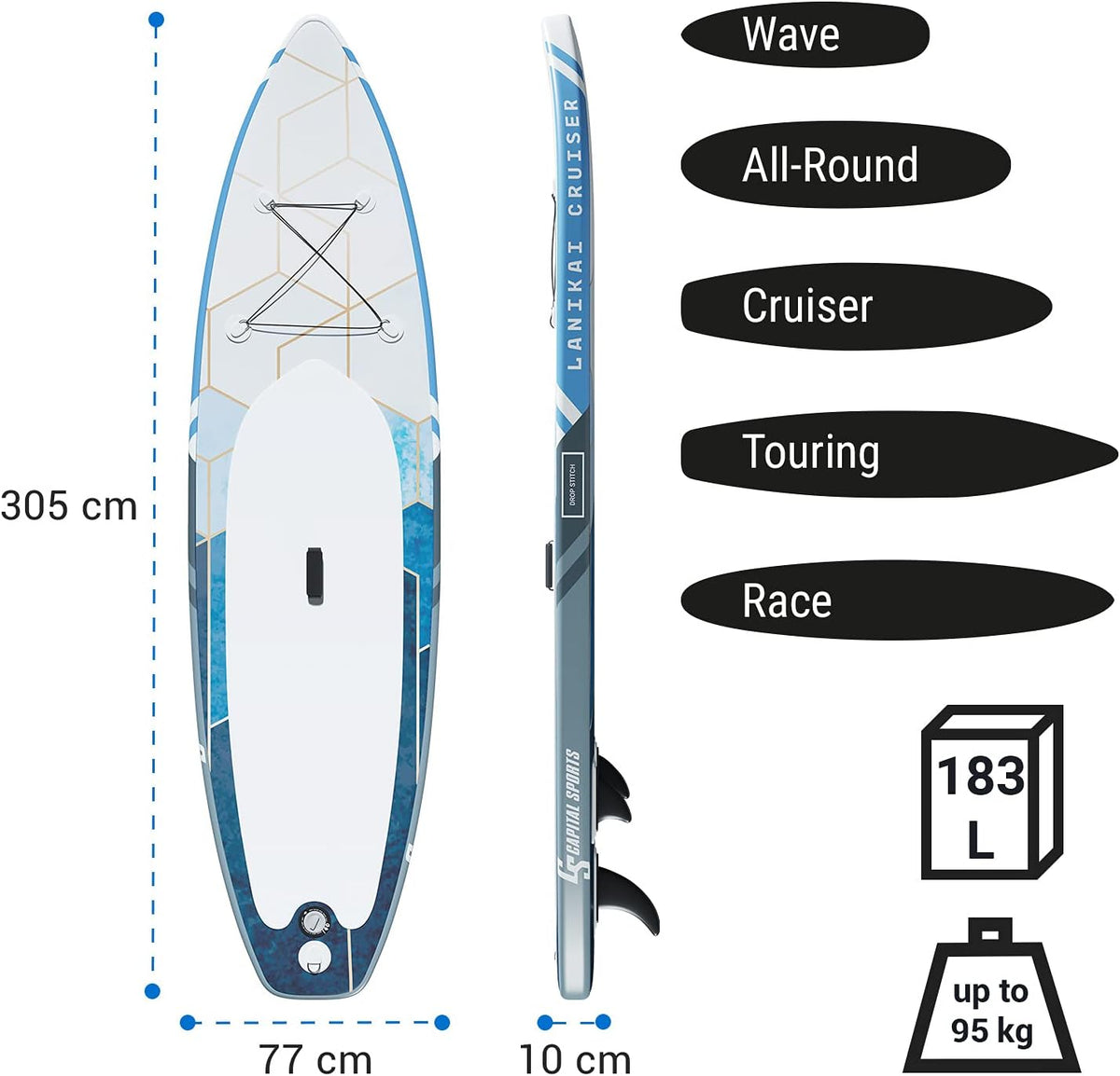 Capital Sports Lanikai Cruiser Opblaasbaar stand-up paddleboard, sup, sup board, set: board + peddel + riem + rugzak + pomp, cruiservorm, telescopische peddel