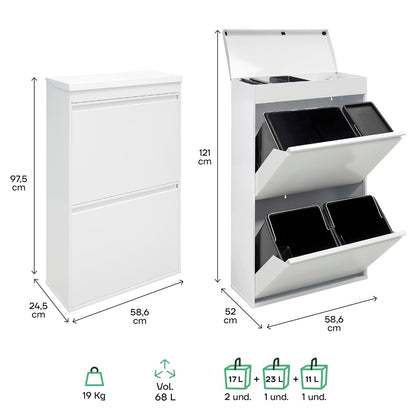 ARREGUI Top CR621-B2 Recycling Container | Waste Container with Storage Compartment | 4 Compartments 23+11+17+17 L (68 L) | Inner Buckets for PMD and GFT | Recycle Bin for Waste Separation | Waste Bin - QUORE