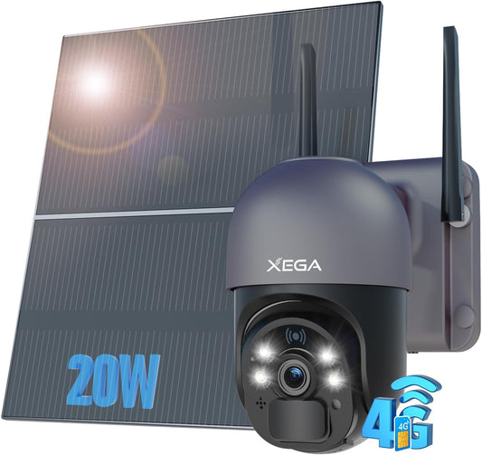 Xega 4G LTE Beveiligingscamera Zonne-energie met SIM-kaart 20W Zonnepaneel,【Continuïteit van Registratie 24/7】20.000mAh Batterij 2K Buitencamera, Nachtzicht, Bewegingdetectie IP66 (Geen WiFi)