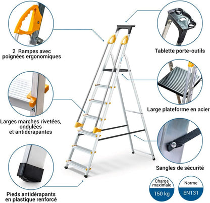 DURAMP veilige trapladder met 7 treden, met hellingen, gereedschapshouder, inklapbaar, aluminium, platformhoogte 140 cm, 5 jaar garantie Hoström
