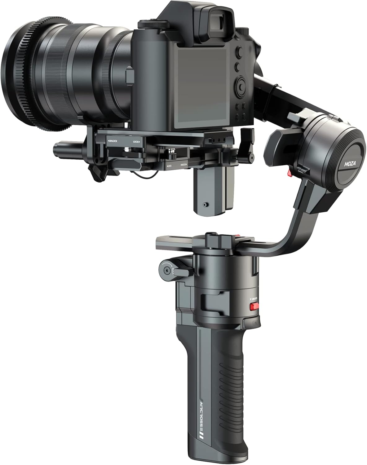 Moza Aircross 3 elektronische opvouwbare 3-assige gimbalstabilisator voor spiegelloze camera's (maximaal laadvermogen (3,2 kg/7 lbs) - zwart
