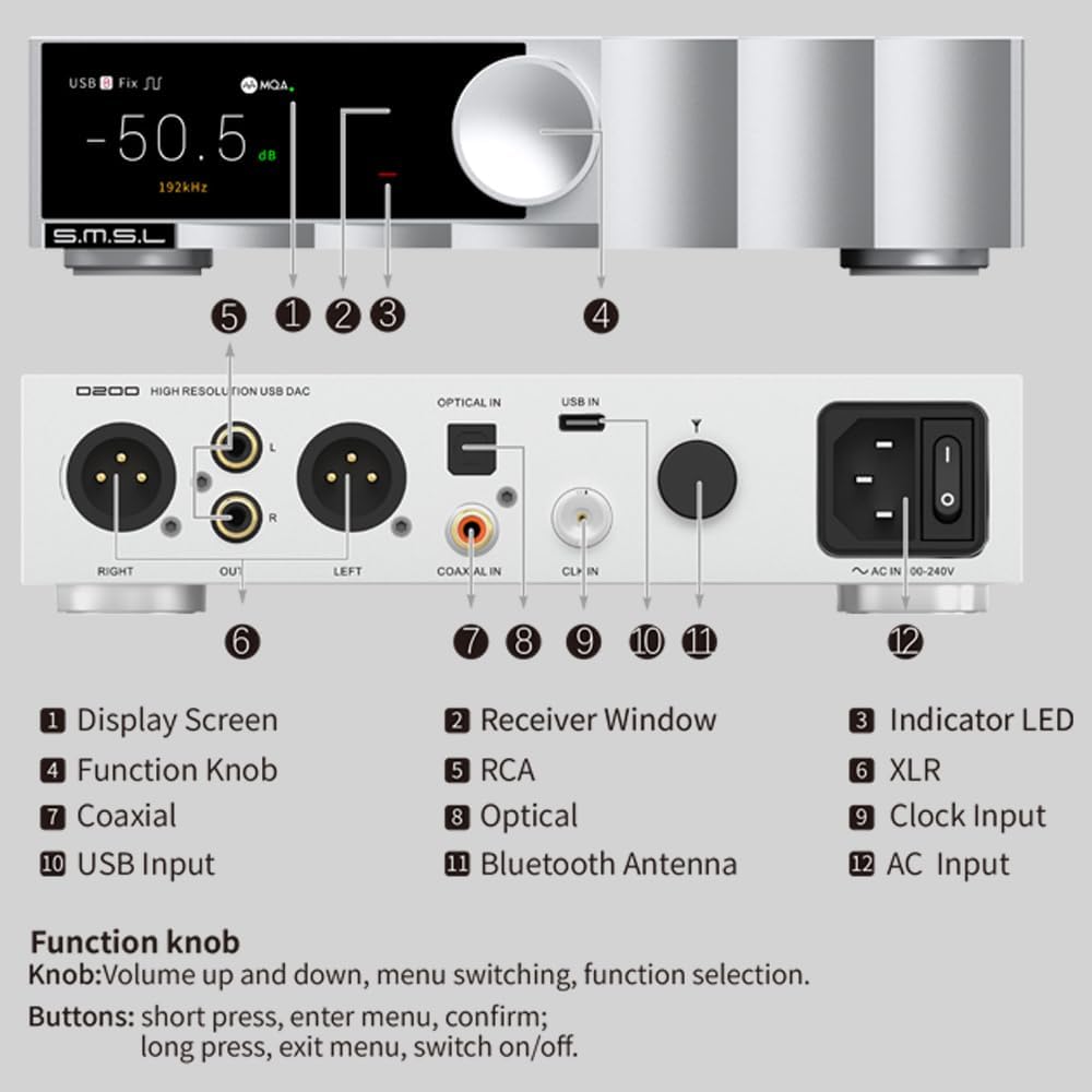 SMSL D200 audiofiele desktop-audio-decoder ROHMBD34352EKV DAC-chip Hi-Res-audio met MQA-CD-ondersteuning, 32 bits/768 kHz DSD512 CK-03 klokzender HIFI-audio USB, optisch, coaxiaal