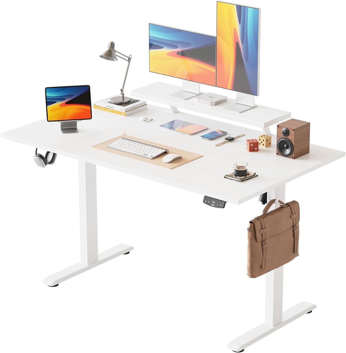 Agilestic Elektrisch in hoogte verstelbaar bureau, 140 x 80 cm, met beweegbare monitorstandaard, sta bureau met 2 geheugentoetsen, 4-delig tafelblad, thuiskantoorbureau, wit
