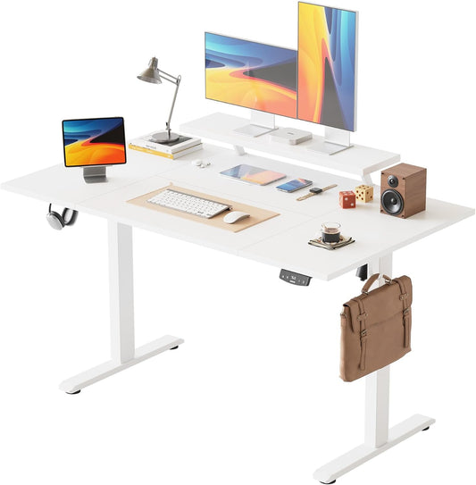 Agilestic Elektrisch in hoogte verstelbaar bureau, 140 x 80 cm, met beweegbare monitorstandaard, sta bureau met 2 geheugentoetsen, 4-delig tafelblad, thuiskantoorbureau, wit