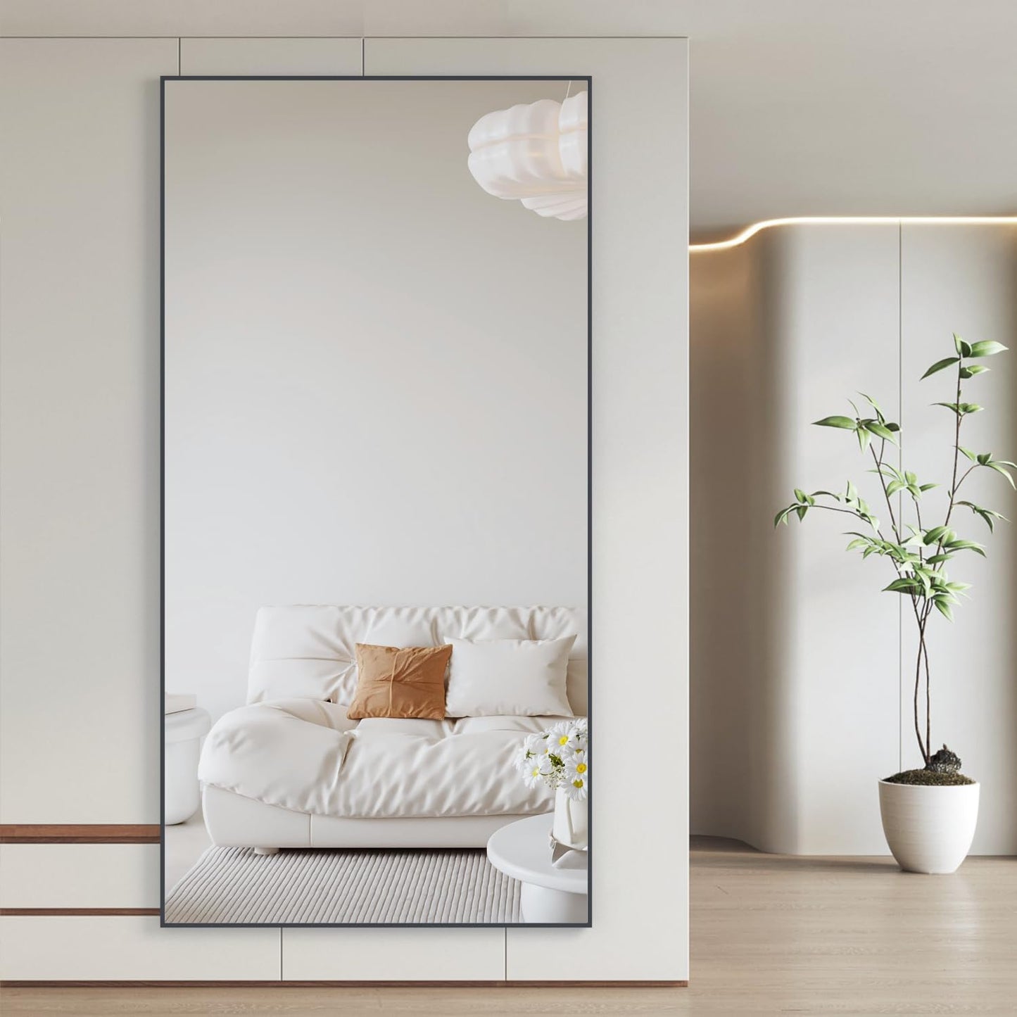 CASSILANDO 180 x 80 cm staande spiegel, zwarte vloer grote, staande spiegel, tegen muur voor slaapkamer, bekleding en aan de muur bevestigde dunne lijst, zwart