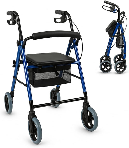 Rollator met 4 wielen | Opvouwbaar en verstelbaar | Met mand en remmen | Blauw | Hercules | Mobiclinic