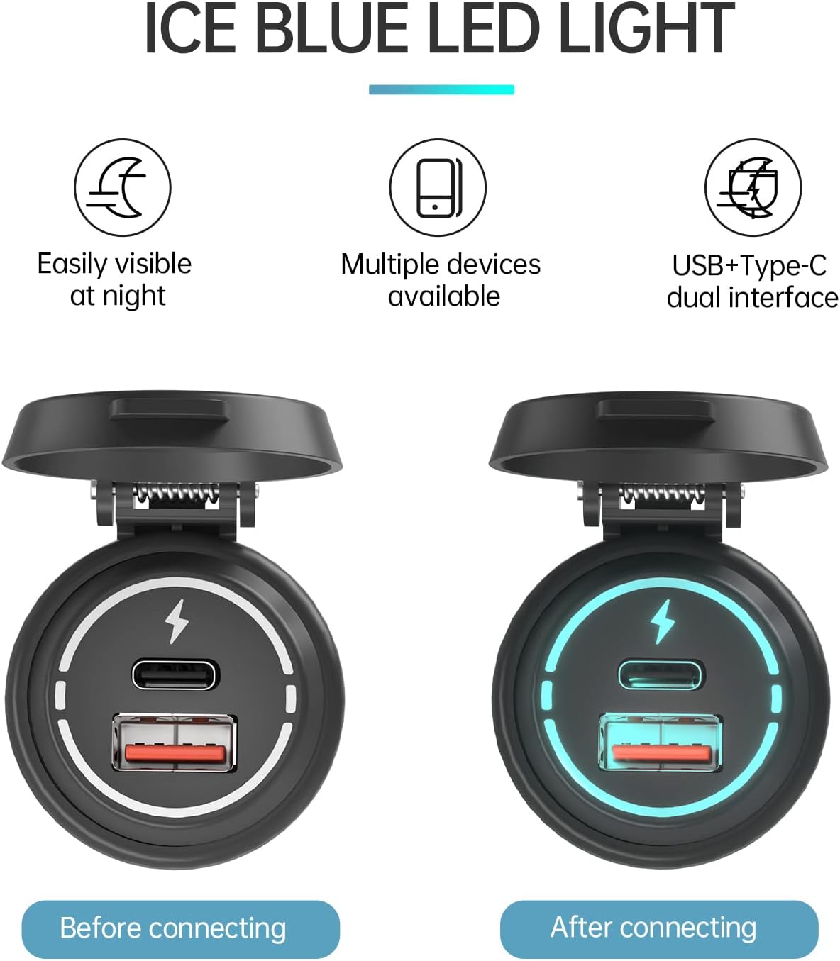 usb lader motorfiets – motor usb aansluiting – motorfiets oplader – usb charger motor – usb poort motorfiets – Waterdicht IP67 – Snelle QC3.0 & PD 30W Oplader met Blauwe Led