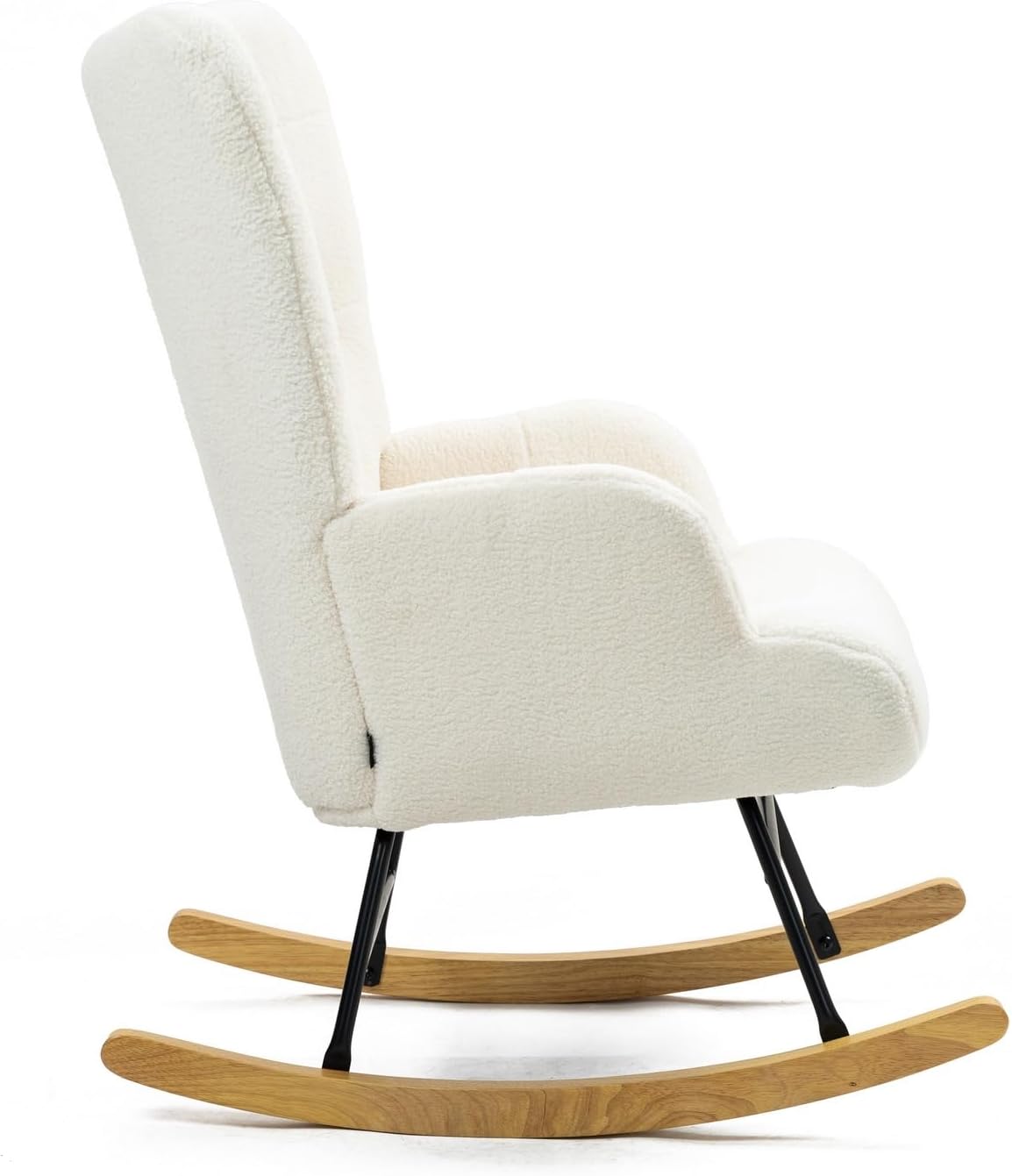 WeHome - Gestoffeerde schommelstoel met armleuningen, relaxstoel voor binnen, schommelstoel van hout en metaal met veelkleurige overtrek, 96 x 66 x 90 cm (bouclé, crème)