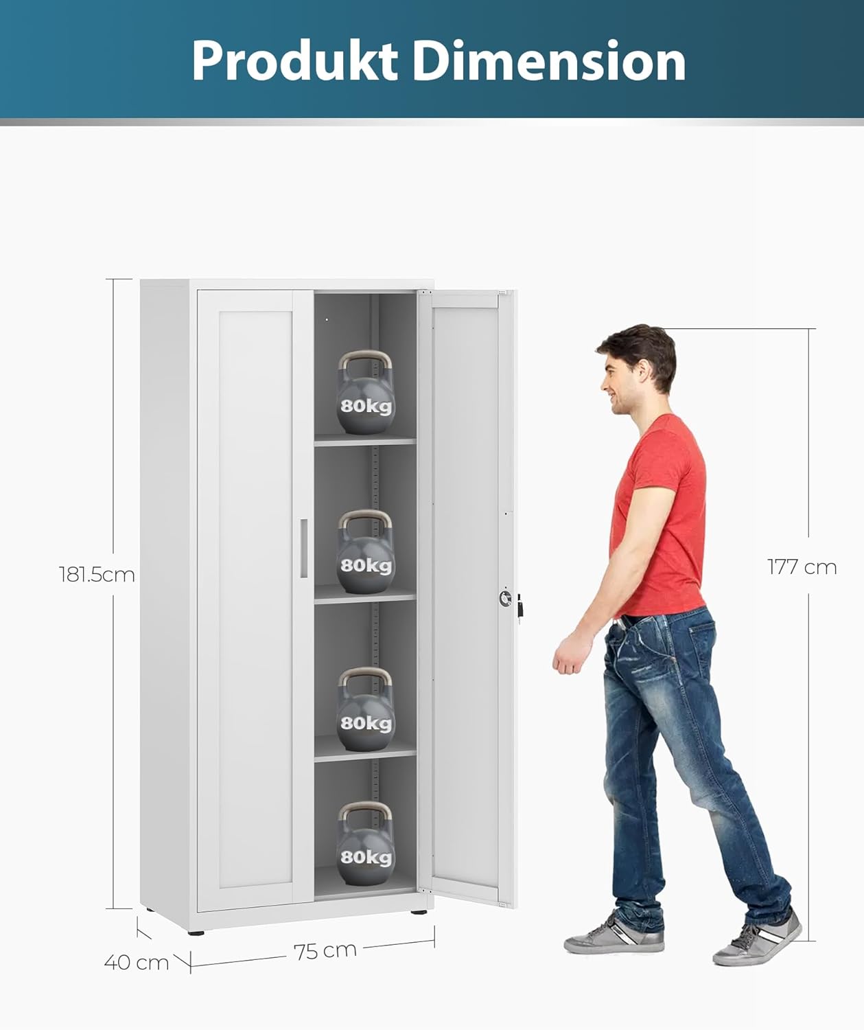 Dossierkast, afsluitbare garagekast, 3 niveaus, bureaukast, werkplaatskast met verstelbare planken, voor kantoor, garage en bijkeuken, 40 x 75 x 181,5 cm, wit